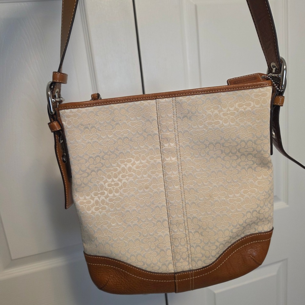 Vintage Coach Signature Jacquard Monogram Leather Trim Crossbody Bag Tan Cream
